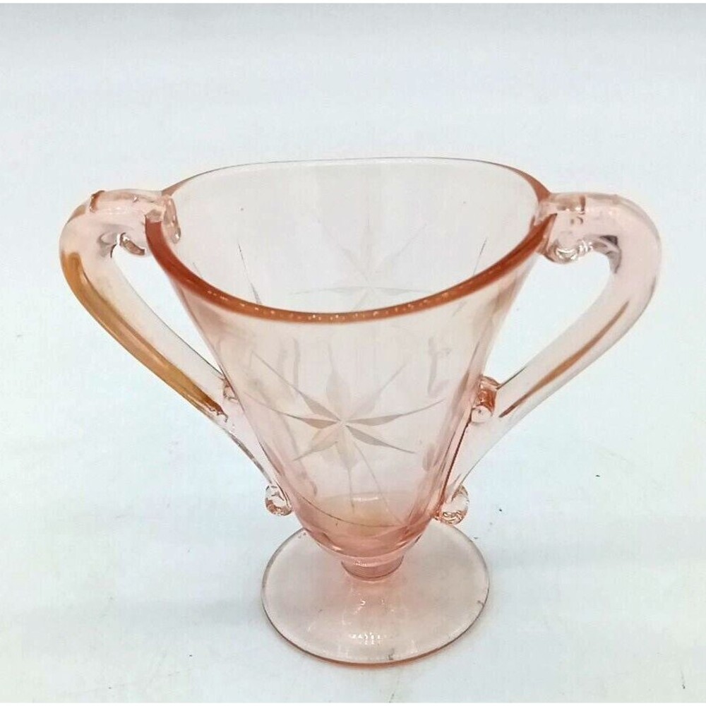 Vtg Pink Depression Glass Art Deco Etched Floral Pedestal Base 4" Open Sugar